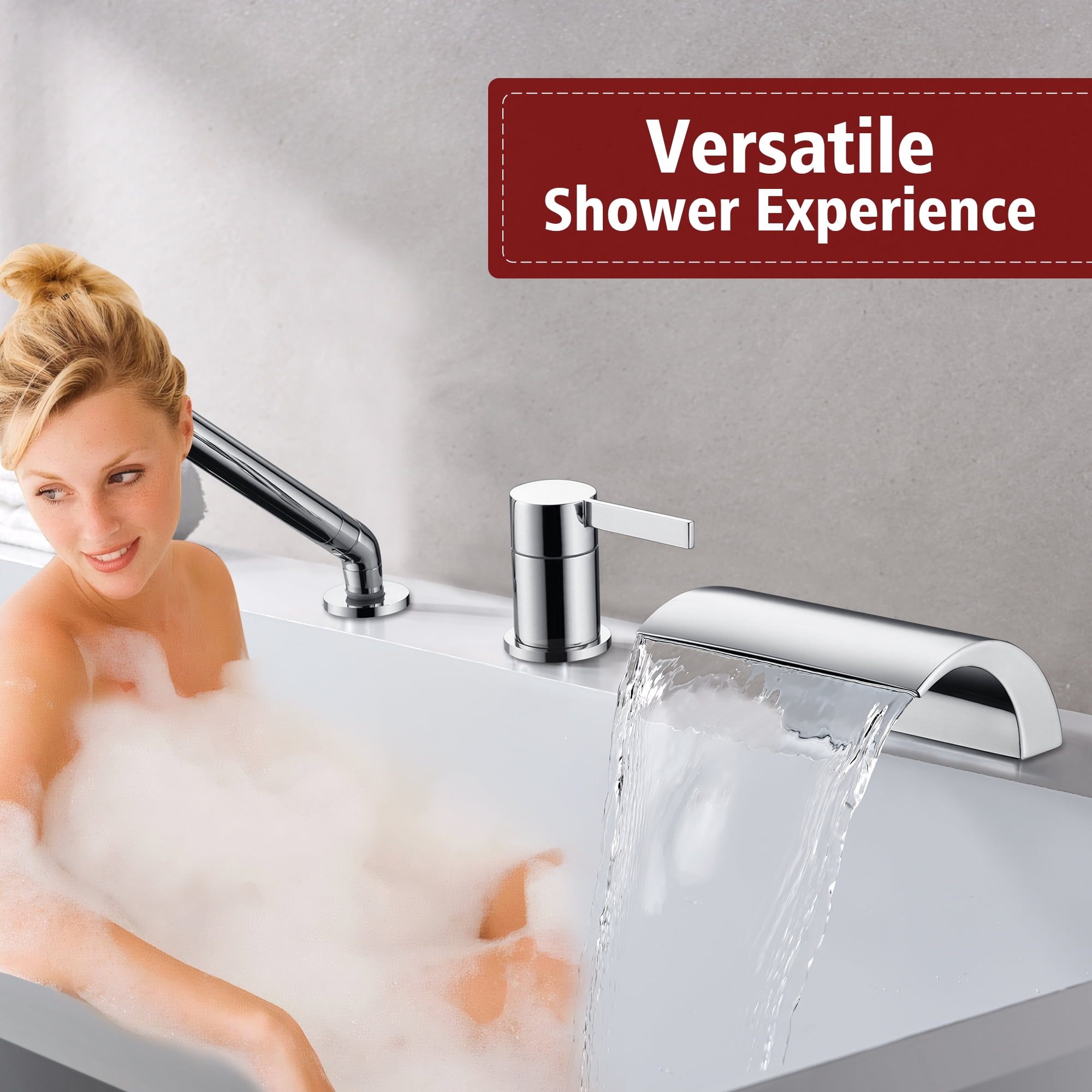 SUMERAIN Waterfall Bathroom Roman Tub Faucet with Handheld Sprayer, 3 Holes Deck Mounted Bathtub Faucet Chrome Finish