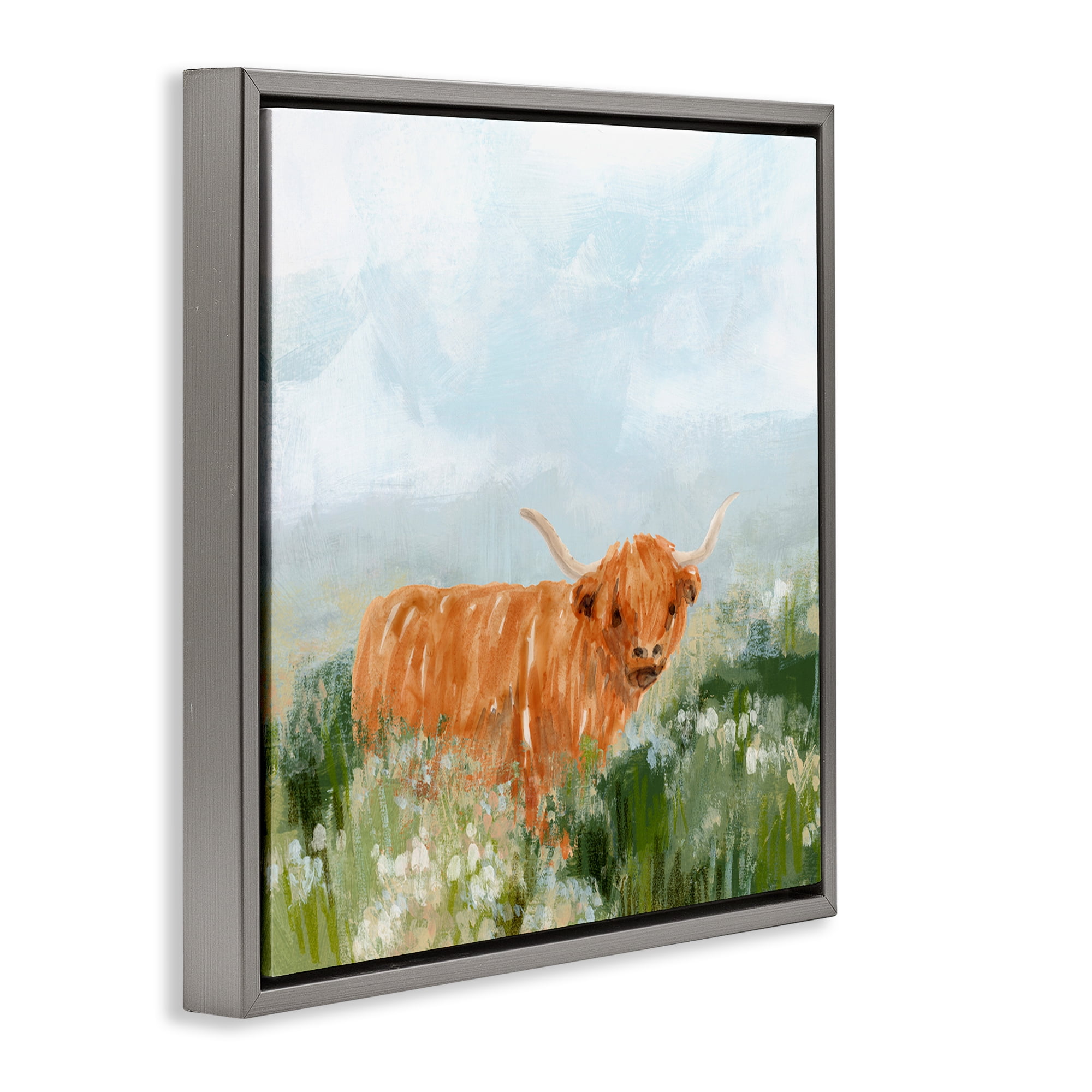 Stupell Industries Longhorn Cattle Country Field Animals & Insects Painting Gray Floater Framed Canvas Art Print Wall Art, 25 x 25