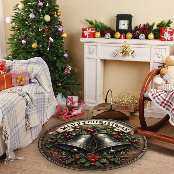 Uklsqma Christmas Theme Round Floor Mat 15.75In Polyester Holiday Living Room Rug Multicolor Reindeer Star Pattern | Sofa Coffee Table Mat Kitchen Bathroom Entryway Carpet Home Decor
