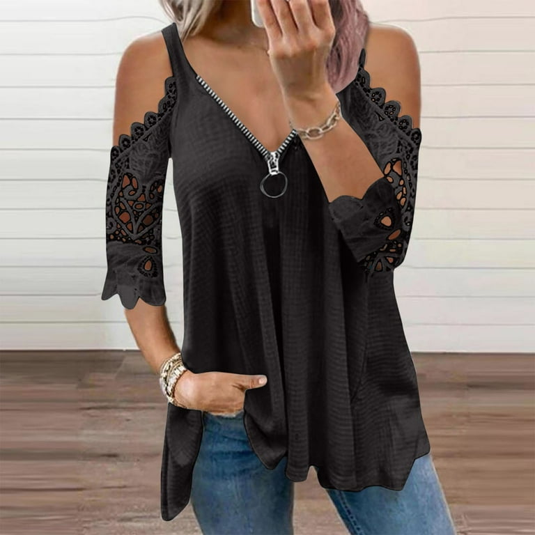 ZVAVZ Western Shirts for Women， Women Summer Cold Shoulder Tee Shirts Sexy  Short Sleeve Zipper V Neck Tshirt Tops Trendy Casual Loose Fit Blouse  camisas de mujer elegantes de moda 