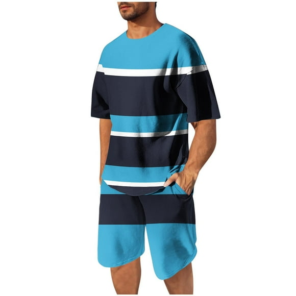 Ensemble à Col Rond pour Homme, T-shirt à Rayures, Hauts Décontractés à Manches Courtes, Ensemble Deux Pièces de Shorts Stylés, Ensembles Assortis Confortables pour Tous les Jours, Complets de Loisirs d'Été Tendance, Bas Décontractés Décontractés