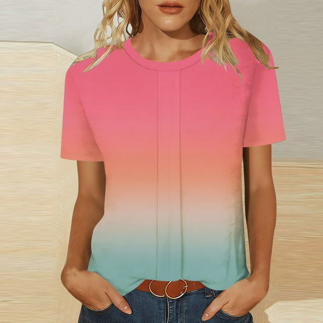 TIMIFIS Hauts Tendance pour Femmes Chemises Couleur Dégradée Col Rond Été Manches Courtes Chandail Léger Confortable Sortie Vacances Tenue Blouse Hauts