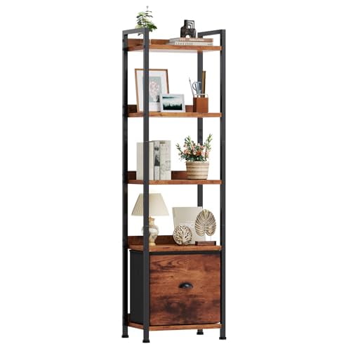 5-Tier Bookshelf with Fabric Drawers Wood and Metal Bookcase Storage Organizer Display Shelf for Living Room and Home Office