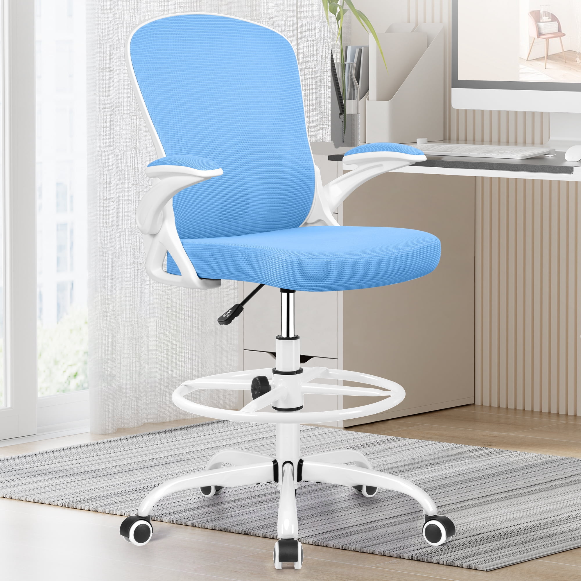 ATHOPE Ergonomic Office Chair, Mesh Desk Chair with Lumbar Support, Tall Office Chair with Flip-Up Armrests and Footrest Ring, Adjustable Computer Chair for Standing Desk Home Office, Blue