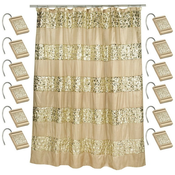 Regal Glass 13 pieces Shower curtain with 12 shower hooks Set, Hollywood style to your bathroom with this dazzling shower curtain complete set with shower hooks, Champane Gold