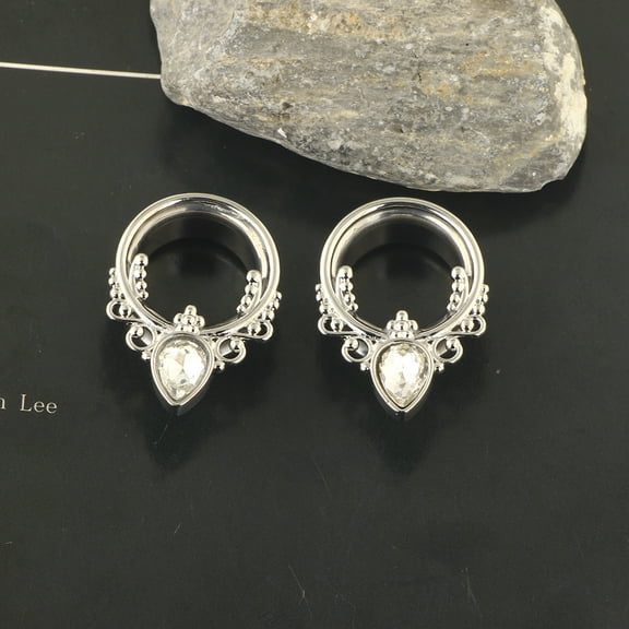 316L Surgical Stainless Steel Crystal Rhinestone Teardrop Ear Plugs Gauges Screw Tunnel Ear Expander for Men Women Stainless Steel color 16mm