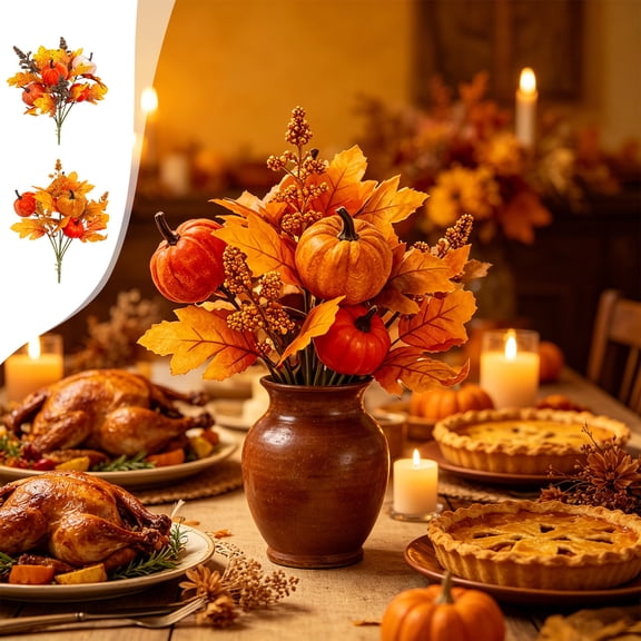 Linnome Fall Artificial Pumpkin and Maple Leaf Bouquet Harvesting Thanksgiving Halloween Home Decor with Artificial Flowers Stems Bendable for Vase Table Centerpiece Mantel Doorway Seasonal Display