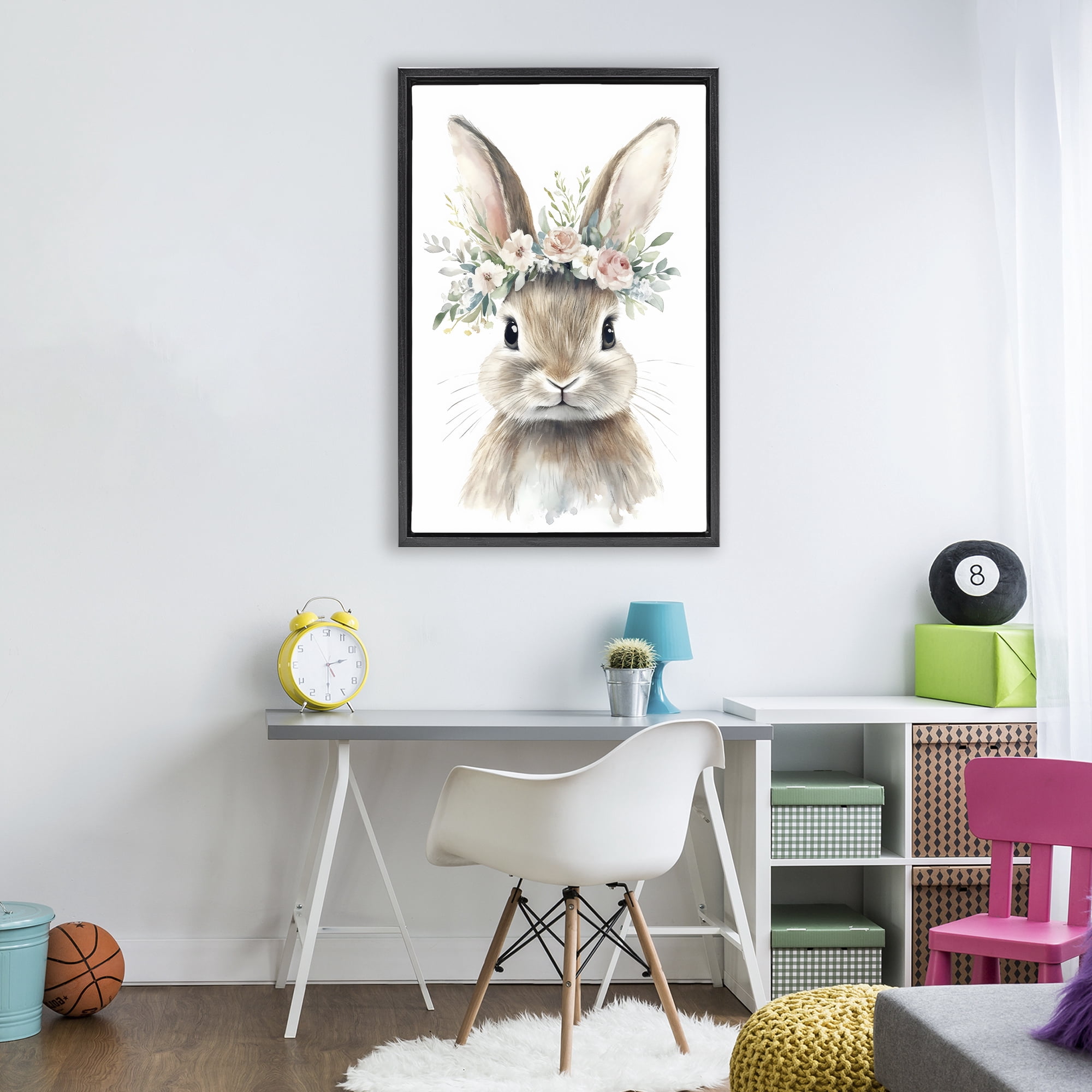 Stupell Industries Flower Adorned Baby Rabbit Black Framed Floater Canvas Wall Art, design by Creative Studio