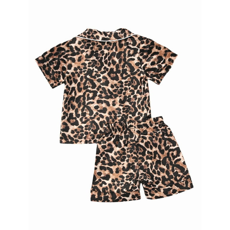 Baby Girl Silk Satin Pajamas Set Leopard Sleepwear Button-Front