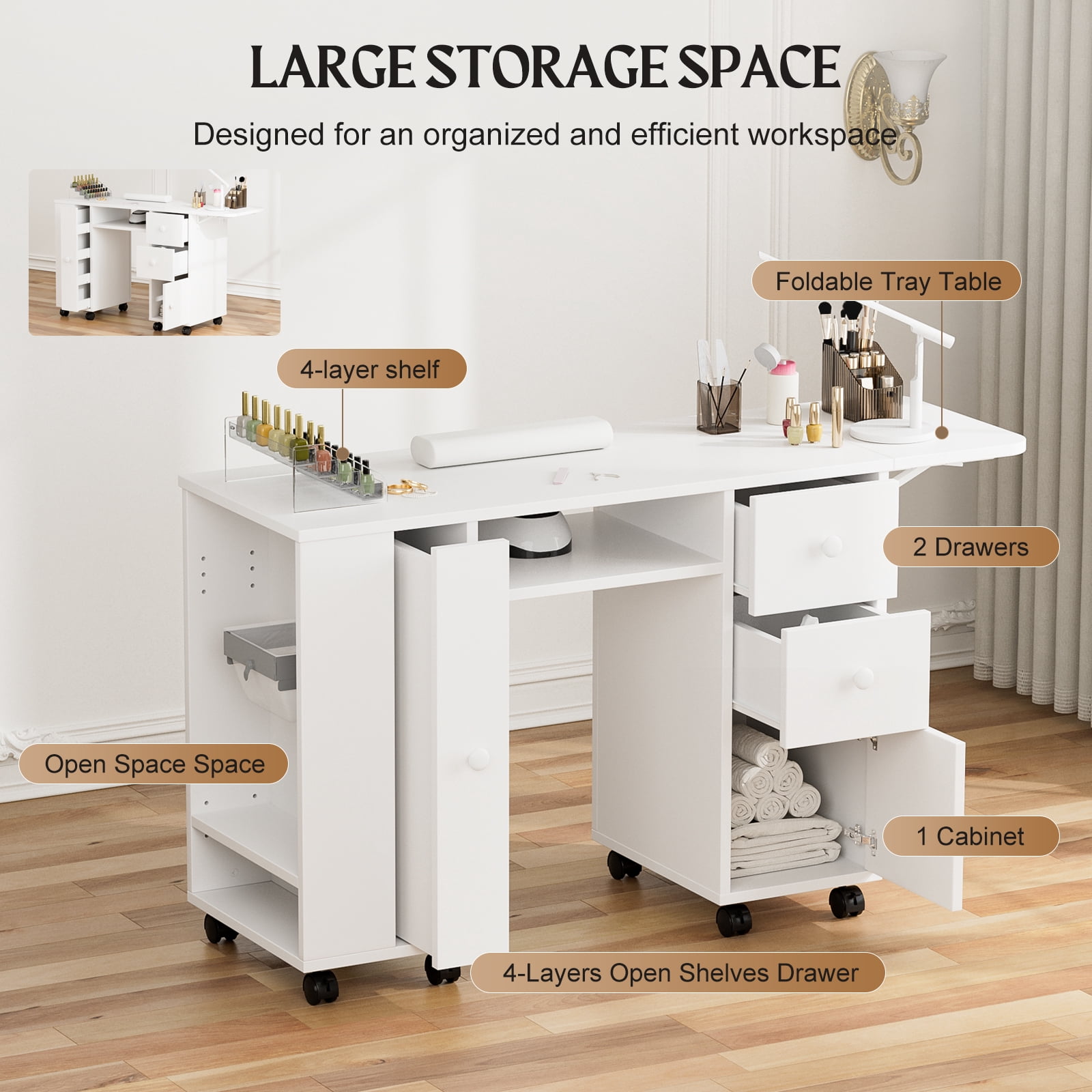 55 Inch Nail Desk for Nail Tech, White Manicure Table Nail Station with Foldable Tray & Trash Bag Holder, Wrist Cushion, Lockable Wheels, Nails Table for Nail Beauty Salon Spa（White）