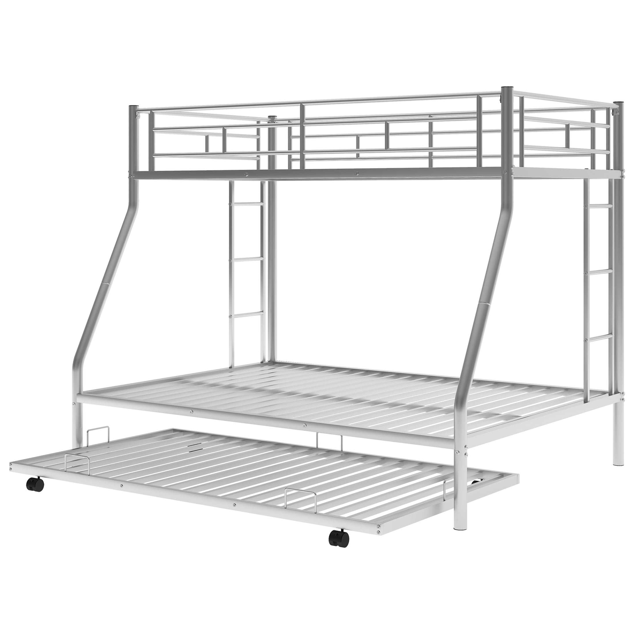 Aukfa Triple Bunk Bed, Twin over Full Bunk Bed with Trundle, 2 Ladders, Silver