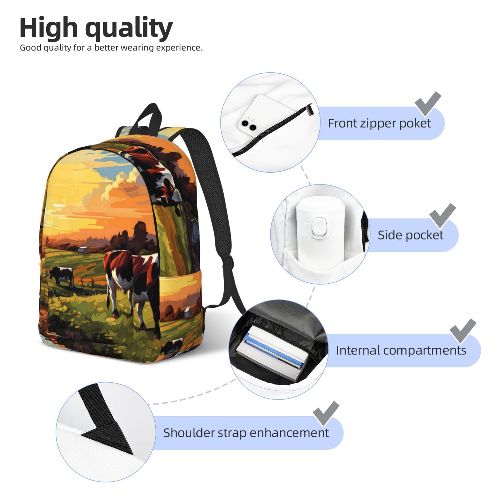 Vsdgher Oil Painting Style Pasture Cow Print Canvas Backpack Travel Rucksack Unisex Knapsack 15.7/17.7Inch Laptop Backpack for Work,College -Small
