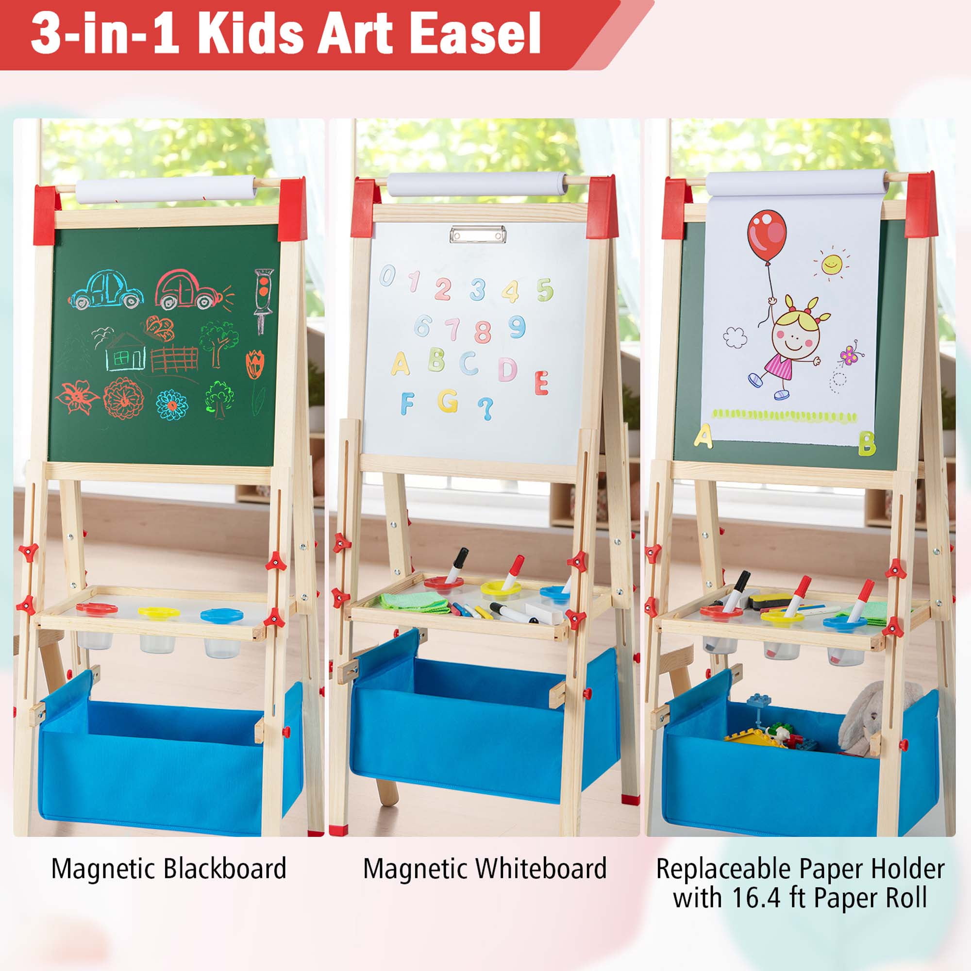 GLACER Kids Wooden Art Easel, 3-in-1 Double Sided Painting Easel  w/Whiteboard, Chalkboard & Paper Roll, Adjustable Standing Easel w/ 360°  Rotating