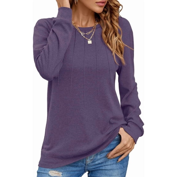 WUJINXIA Women's Long Sleeve Dressy Blouses Pleated Front Tunic Crew Neck Casual