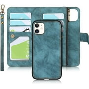 iCoverCase for iPhone 11 Wallet Case with Card Holder and Wrist Strap, PU Leather Kickstand Card Slots Zipper Pocket Magnetic [Detachable] Flip Cover Case 6.1 Inch (Blue)