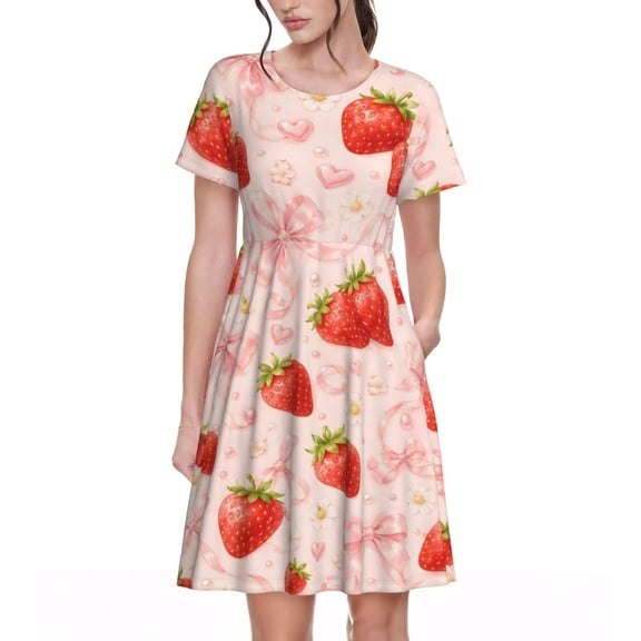 Strawberry Pink Bow Dresses Short Sleeve Nightdresses for Women