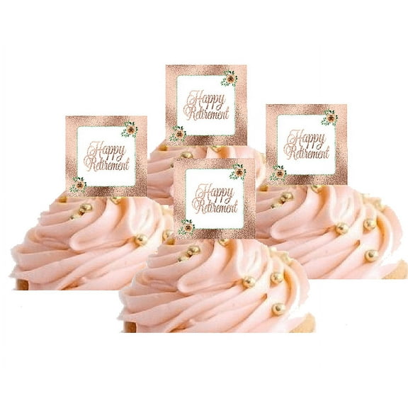 24pk Antique Rose Gold Glitter Happy Retirement Hand Crafted Glitter Cupcake Decoration Topper Picks