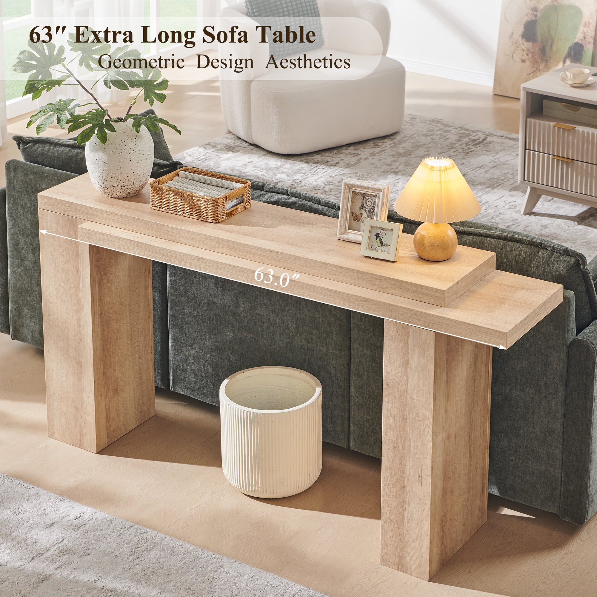 KeyWhat 63" Entryway Console Table, Wooden Modern Sofa Table Behind Couch, Dual-Level Countertop Design for Hallway, Entryway, Living Room, Natural Oak & Dark Alder
