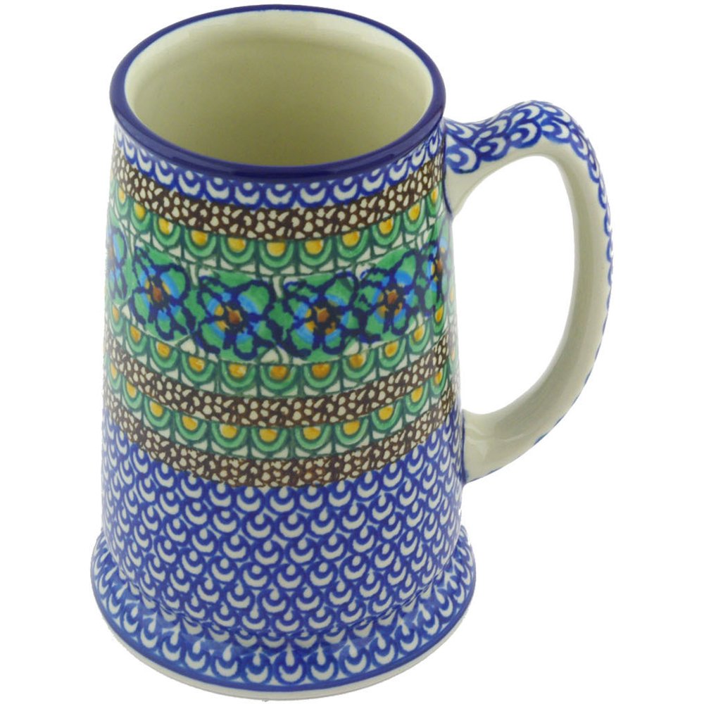 Polish Pottery Beer Mug 28 oz Polmedia Mardi Gra Theme UNIKAT Hand