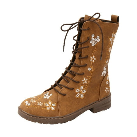DVKOVI Womens Dress Shoes Calf Boots for Women Retro Printed Embroidered Women s Heel Monochrome Fashion Short Boots Soft Insole Warm Breathable Lining for Ladies Fall Winter Khaki 41