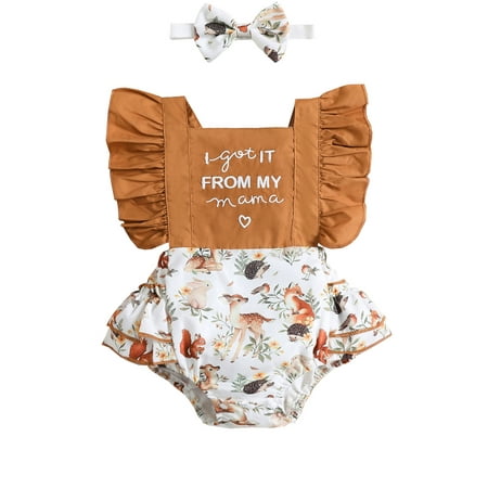 

WPNAKS Infant Girl s Two-Piece Clothes Outfit Square Neck Flying Sleeve Letter Animal Printed Romper + Headband