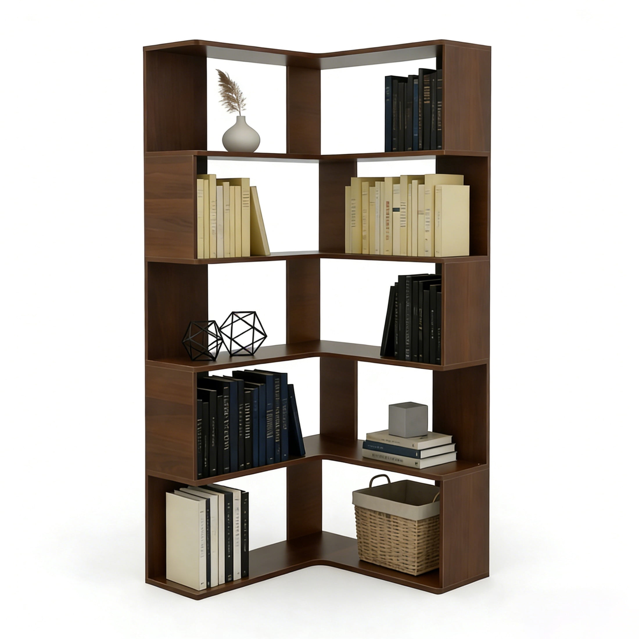 Noble House 6-Tier Tall Corner Bookshelf, L-Shaped Wooden Bookcase with Baffle and Safety Design, Home Office, Walnut