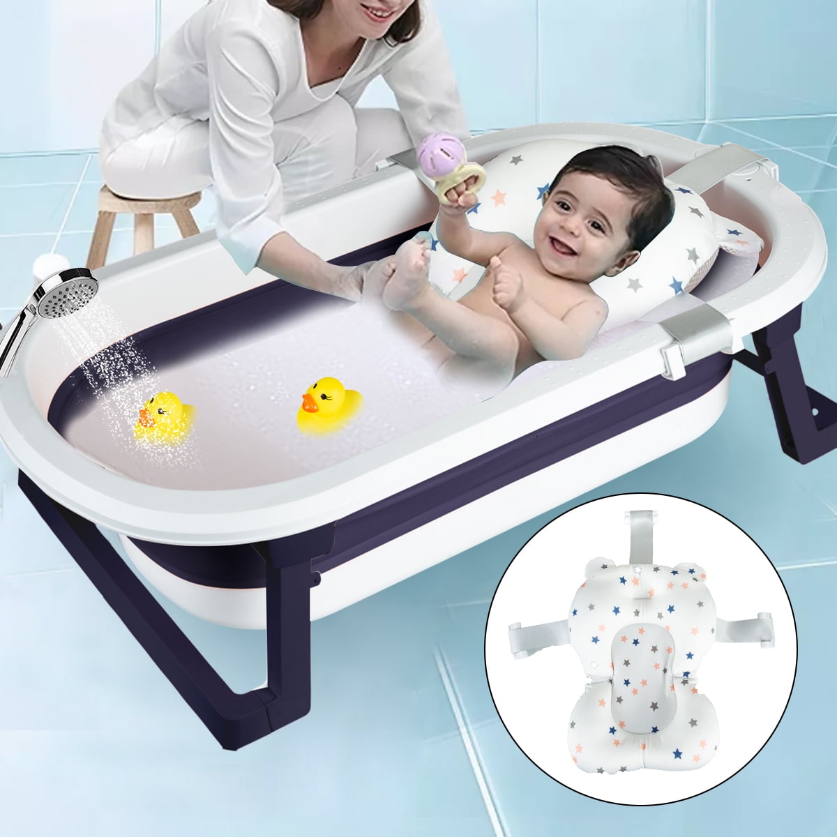 Baby Bath Tub Newborn Baby Foldable Baby Bath Tub Pad & Chair & Shelf –  Keter Bath Seats