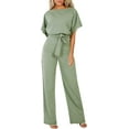 thumbnail image 3 of Womens Loose Short Sleeve Belted Wide Leg Pant Romper Jumpsuit Business Casual One Piece Outfits, 3 of 13