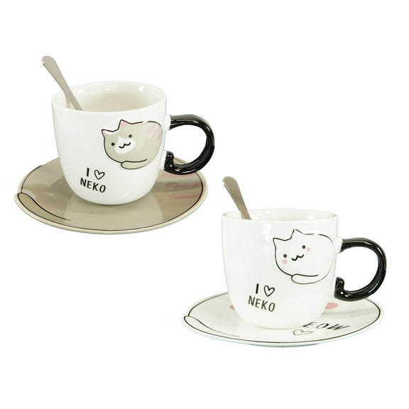 Pack Of 2 Brown And White Maneki Neko Cat Mugs 8oz With Saucer & Notched Spoon