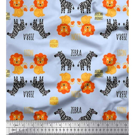 Soimoi Blue Poly Crepe Fabric Text,Wild Animal & Lion Kids Decor Fabric Printed BTY 42 Inch Wide