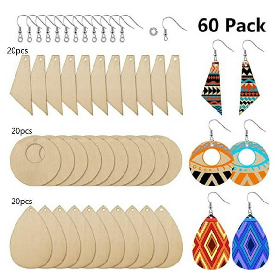 Necvior 60x Blank Teardrop & Tapered Cutout Pendants Wooden Unfinished Earrings for DIY
