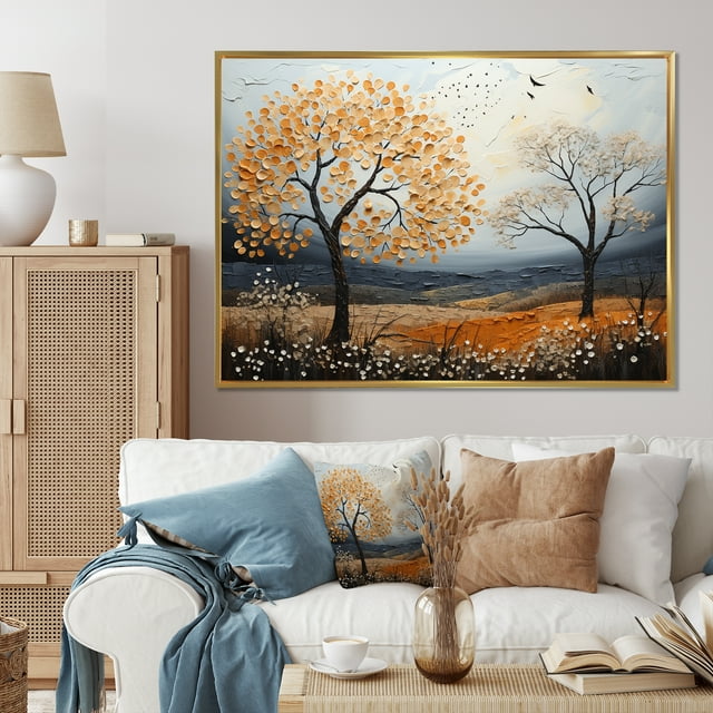 Designart Large Tree Gold framed wall art, Orange Tree Autumn Collage Acrylic I , Trees framed wall art decor, Orange Traditional Gold framed wall art, 32x16 inches Gold Frame