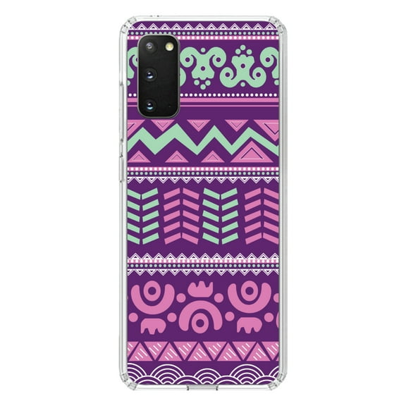 DistinctInk Clear Shockproof Hybrid Case for Galaxy S20 ULTRA / 5G (6.9" Screen) - TPU Bumper, Acrylic Back, Tempered Glass Screen Protector - Pink Green Aztec Tribal
