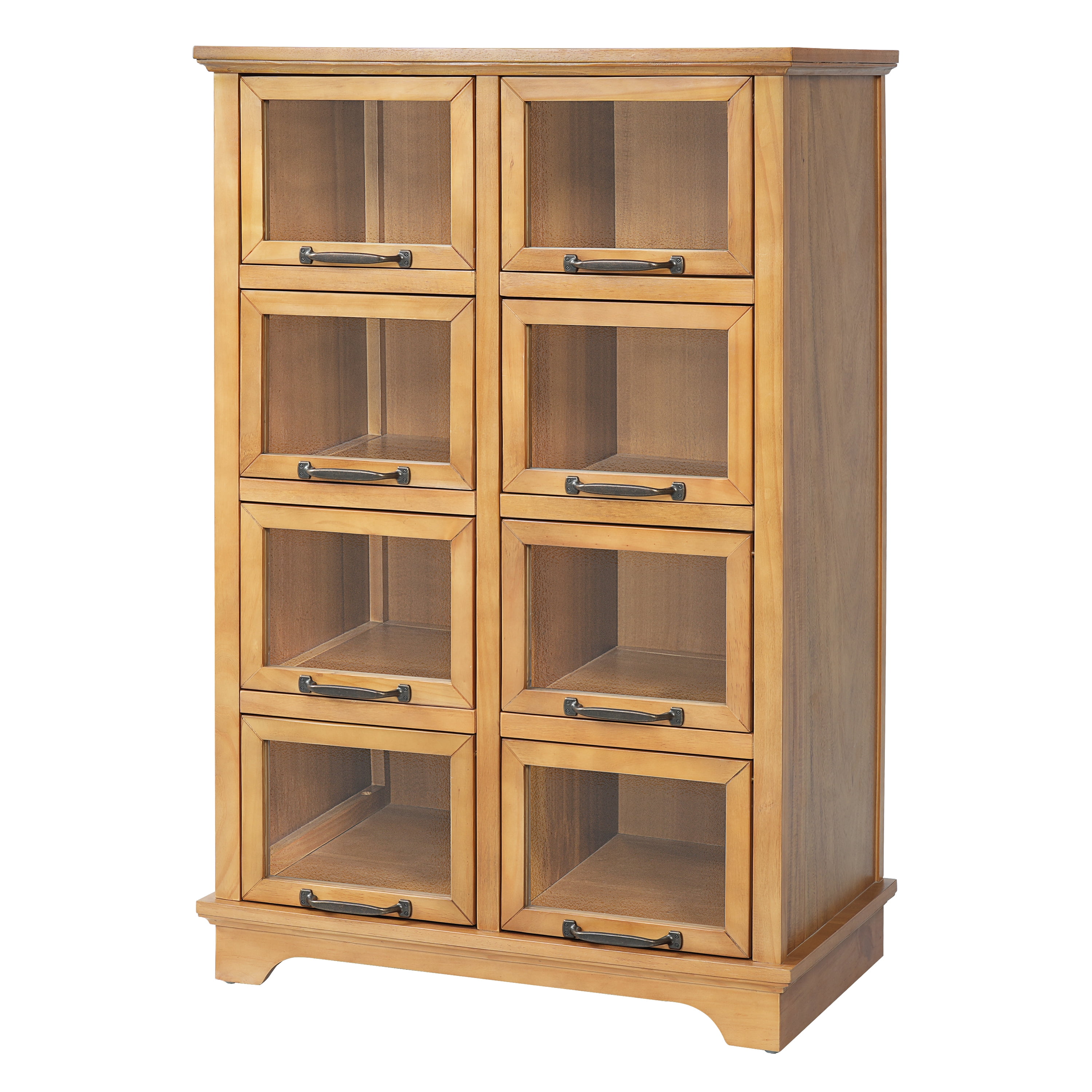 Modern Storage Cabinet with 8 Glass Doors and Wood Shelves, Display Cabinet with Antique Bronze Handles for Living Room, Natural