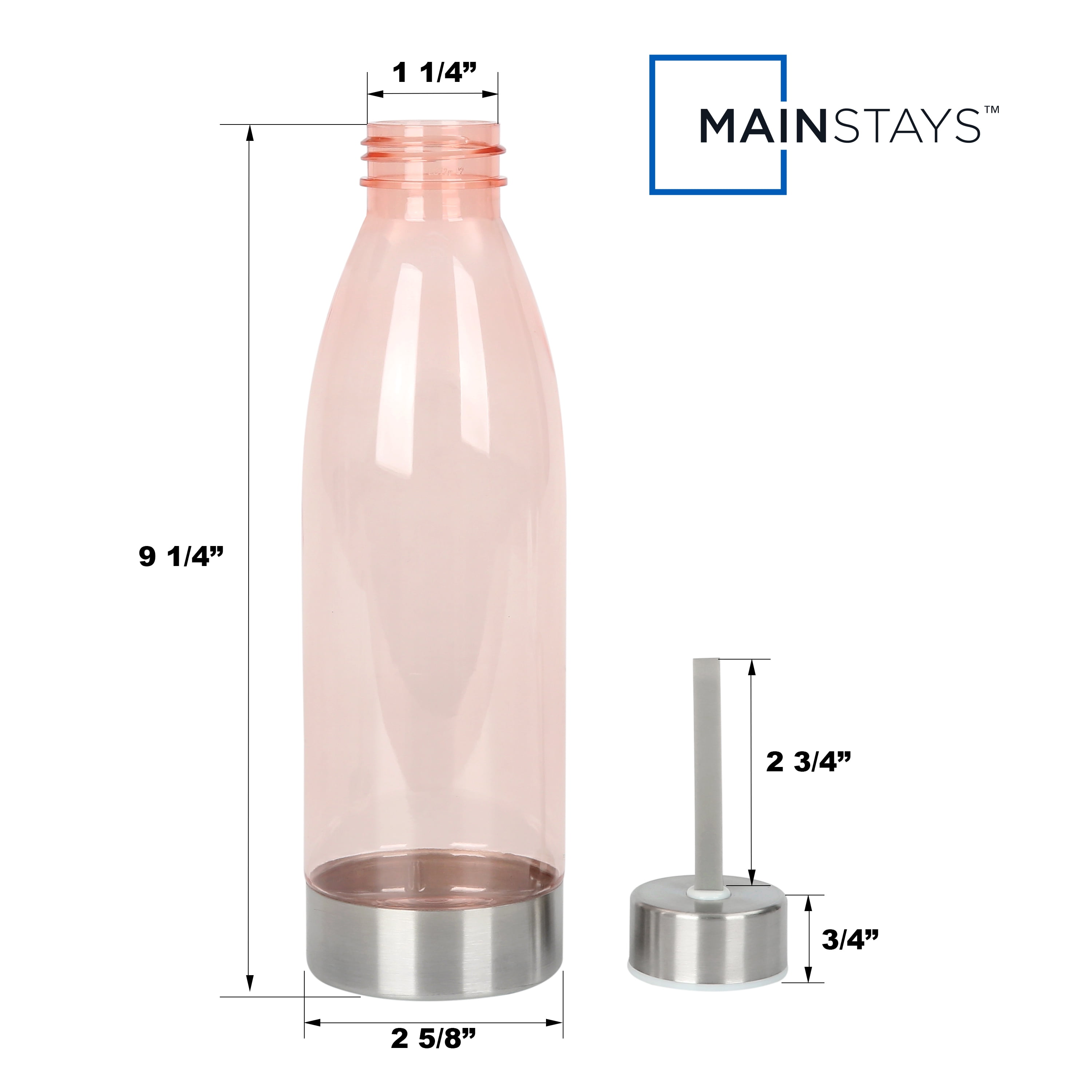 Mainstays 22 Ounce (22 Fluid Ounces) Pink Water Bottle with Stainless Steel Lid and Strap