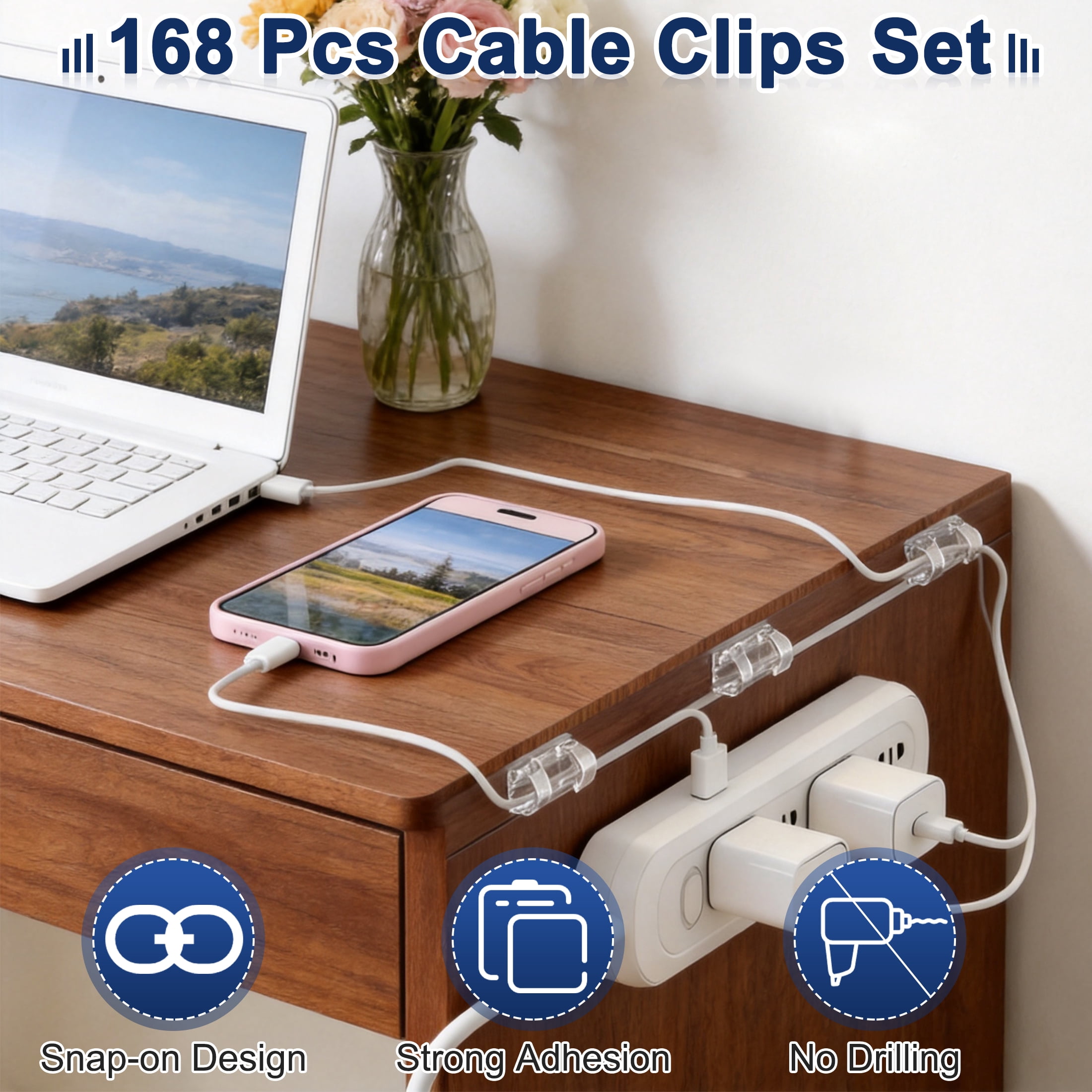 168 Pcs Self‑Adhesive Cable Clips, Clear Wire Management Clips, No Drill Cord Organizer, Cable Holder for USB Charging Cords, Power Cables for Wall, Desk, Home & Office
