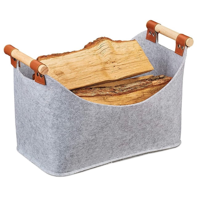 Felt Firewood Basket with Wooden Handles, Foldable & Multifunctional, Protects