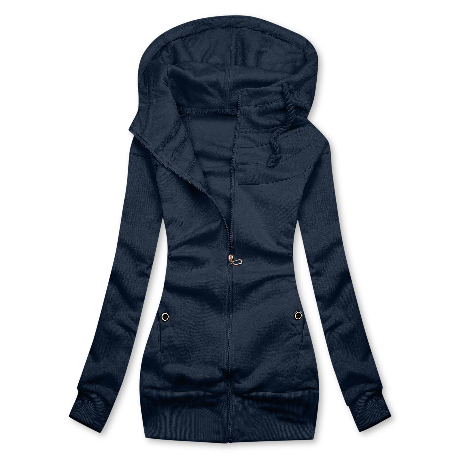 Womens Full-Zip Jackets Hoodies Long Sleeve Mid-length Sweatshirt Tunic Print Hooded Coat with Thumb Holes - image 2 of 3