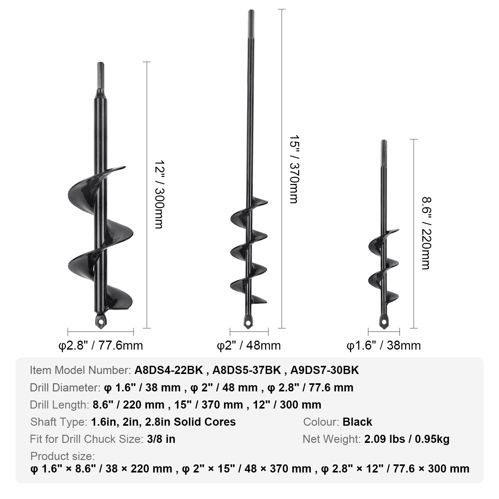 KFFKFF Auger Drill Bits for Planting Set of 3, Garden Auger Drill Bit, Spiral Drill Bit for Post Hole Digger, Bulbs Planting & Holes Digging, for 3/8" Hex Drive Drill