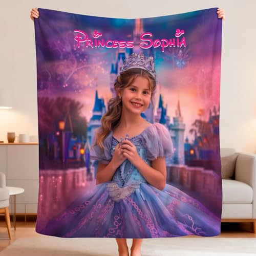 Princess Blanket for Girl with Name, Upload Photo Face Princess Blanket Throw Soft Flannel, Lovely Unique Gift for Kids Girl Room Decor Christmas Birthday Gifts (D4) (Small)