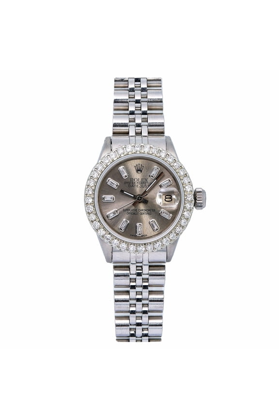 Pre-Owned Rolex Datejust 26MM 6916 Slate Gray Baguette Diamond Dial Diamond Bezel Stainless Steel Jubilee Bracelet