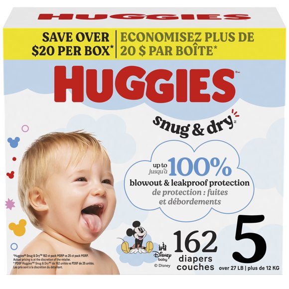 Huggies Snug & Dry Baby Diapers, Size 5 (27+ lbs), 162 Count
