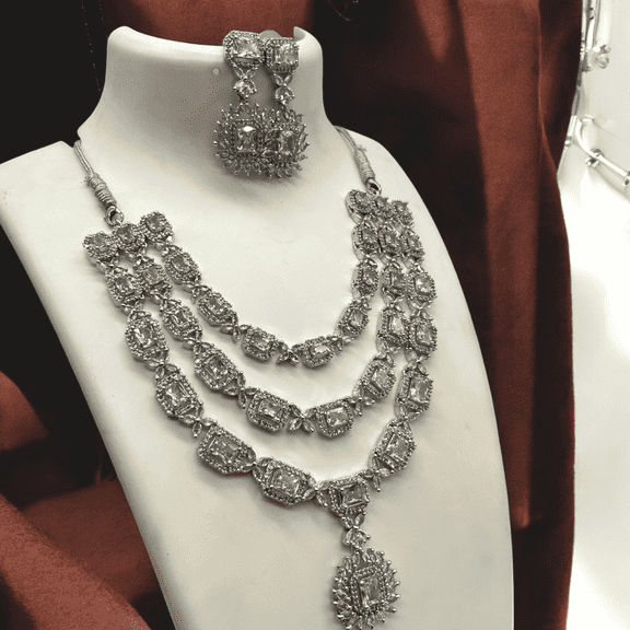 Kajaro Designs Jewels Three-Layer CZ Necklace Set with Earrings for Women | Party Wear Jewelry for Engagement and Special Occasion