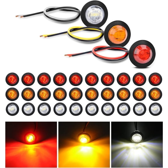 Nilight 30 PCS 3/4" Round Clearance Light LED Front Rear Side Marker Indicator Bullet Lights for Truck RV Car Bus Trailer Van Caravan Boat