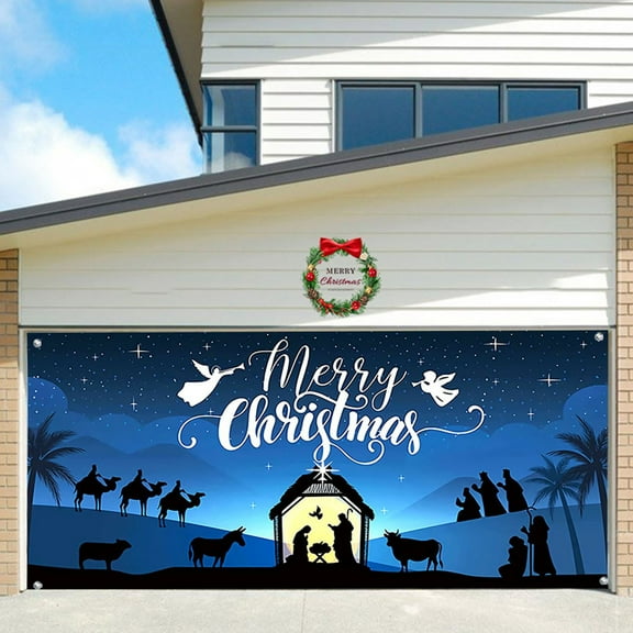 Christmas 7 X 8 Ft Holy Night Christmas Outdoor Garage Door Banner Blue Night of Nativit Large Christmas Decoration Holiday Polyester Cover Christmas Door Anime Wall Tapestry Room Tapestry Bedroom