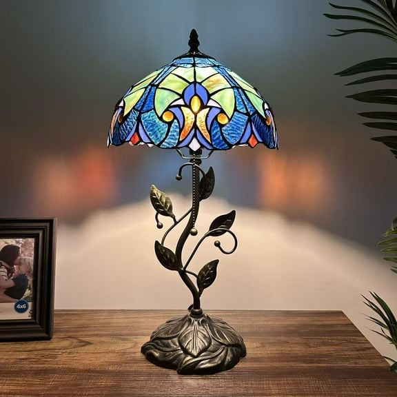 Tiffany Table Lamp Blue Stained Glass Iron Metal Leaves Bronze Base Included LED Bulb Vintage Liaison Lamp for Living Room Bedroom Bedside 20'H*10'W