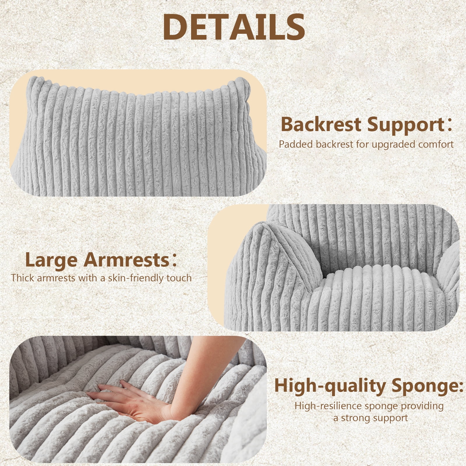 Ebenchico 3ft Bean Bag Chair for Adults Teens Kids with Armrests, Striped Fuzzy BeanBag Chairs with Filling, Light Gray