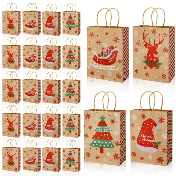 AOWOO 24 Pcs Christmas Kraft Gift Bags, Christmas Gift Bags,  Xmas Assorted Paper Bags Bulk with Handles for Party Supplies