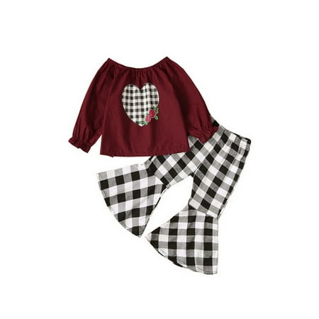 

Listenwind Baby Heart Printed Long Sleeve Round Neck Top + Plaid Flared Pants 2PCS