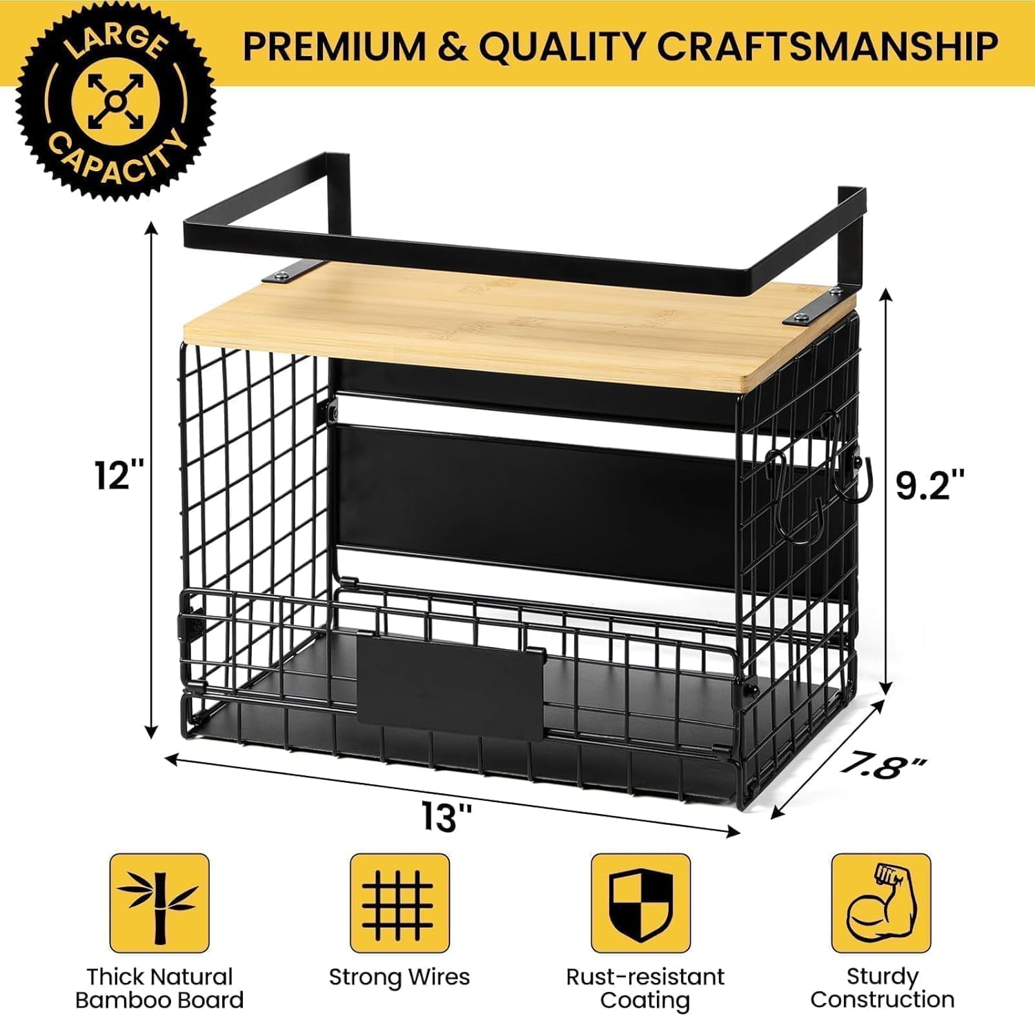 1 SET Strong Magnetic Shelf Basket for Fridge with Tag & Bamboo Top, XXL Large Magnetic Spice Rack Shelves for Side of Refrigerator, Kitchen Pantry Storage Organizer for Food Fruit Veg